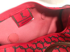 Vintage Roberta di Camerino red, green and navy duffle style purse with gold tone R logo charm. TALON zipper. 050315r2