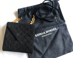 Vintage Sonia Rykiel black suede leather purse with golden logo brass. Quilted suede bag. 0404254