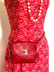 Vintage CHANEL red leather 2.55 waist purse, fanny pack, hip bag with gold CC closure and chain belt.  Belt 28”- 33”(71cm~77cm).