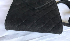 Vintage Sonia Rykiel black suede leather purse with golden logo brass. Quilted suede bag. 0404254