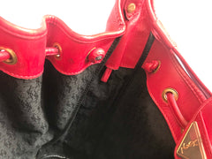 Vintage Yves Saint Laurent red and grey hobo bucket shoulder bag with leather trimmings and golden logo plate. YSL classic purse. 050323re6