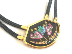 Vintage Hermes black necklace with bird and flag printed enamel pendant top. Ceramic jewelry piece.