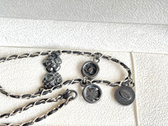 MINT. Vintage CHANEL skinny silver chain necklace with symbolic coin charms and black leather. Can be bracelet too. 060531r1
