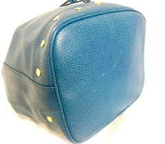 Vintage LANVIN blue grained leather hobo bucket shoulder bag with golden logo motifs. 070502re1