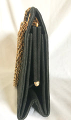 70's, 80's Vintage CHANEL genuine black suede leather kiss lock closure shoulder bag with gold tone CC marks and skinny chains. Rare purse.