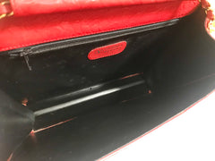 Vintage Valentino Garavani red leather chain shoulder bag with rose flower embossed design and round V motif. Can be clutch bag.