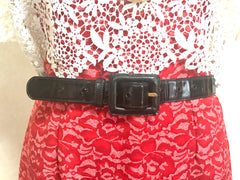 Vintage CHANEL black patent enamel leather waist purse, fanny pack with matching belt. Belt size 27.2” through 34.6”.(69cm through 88cm)