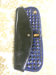 Vintage Bally black and blue enamel intrecciato design leather clutch purse, mini bag. Unique purse with golden B logo charm.