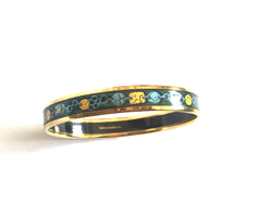 Ves. Vintage Hermes cloisonne enamel bangle with green, yellow, and blue. Charm and chain design. 050320r7