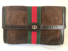 80's Vintage Gucci brown suede leather classic makeup, cosmetic, toiletry pouch, clutch purse  with green and red webbing. Gucci Parfums.