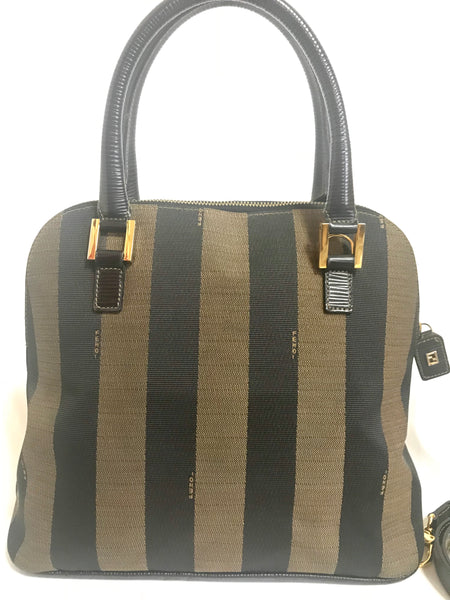 Authentic Vintage FENDI Pequin Stripe Boston Hand Bag Brown 