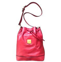 Vintage Celine red leather hobo bucket shoulder bag with a golden square logo motif and matching pouch. Classic drawstrings purse.