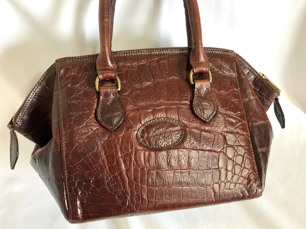 Vintage Mulberry brown croc embossed leather speedy bag style handbag. Classic unisex purse by Roger Saul. Must have bag. 050330re4