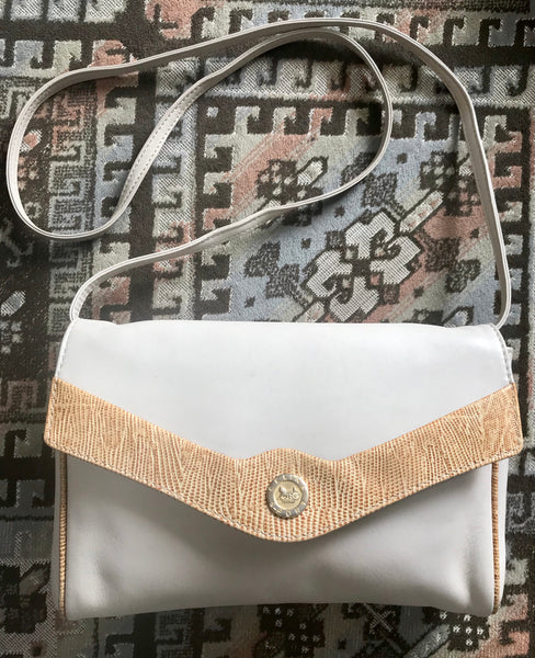 Vintage Celine ivory beige and brown lizard embossed leather combo