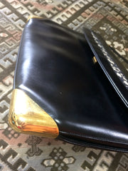 Vintage Christian Dior black calfskin leather large clutch shoulder purse with navy trotter jacquard and golden frames.Comes with coin case.