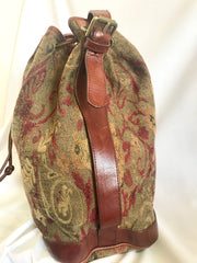 Vintage Mulberry khaki and wine brown gabeline weave fabric hobo bucket shoulder bag with leather trimming. Made in England. 050320r12