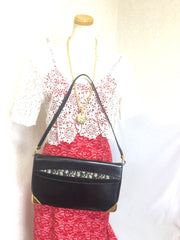 Vintage Christian Dior black calfskin leather large clutch shoulder purse with navy trotter jacquard and golden frames.Comes with coin case.