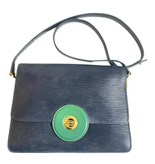 Vintage Louis Vuitton rare black epi mod shoulder bag with green bullseye. Unique epi purse. 0410282