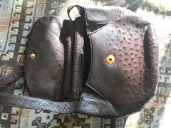 Vintage GUCCI dark brown genuine ostrich leather fisherman bag style shoulder bag with logo embossed motif. Rare masterpiece.