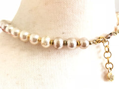Vintage Lanvin faux pearls and golden arabesque and red stone pendant top statement necklace. Gorgeous German made jewelry masterpiece.