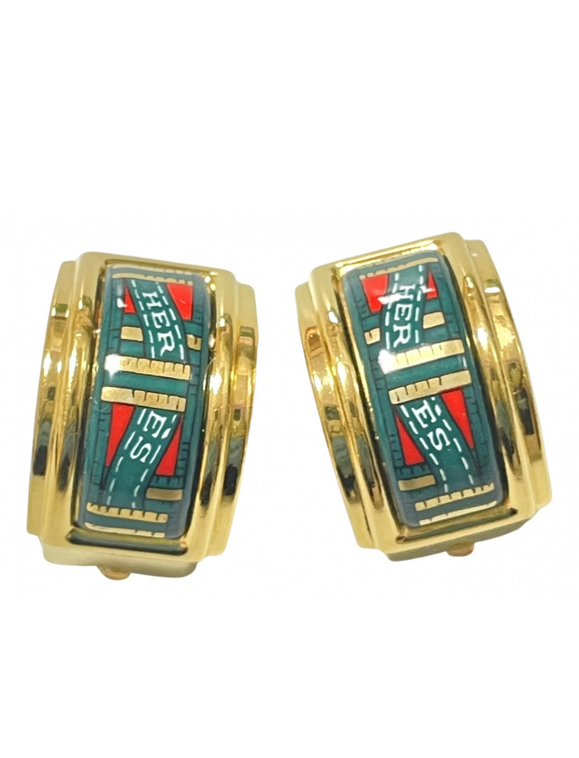 Vintage Hermes cloisonne golden earrings with green and red. Hermes ribbon. Great gift idea.0410281