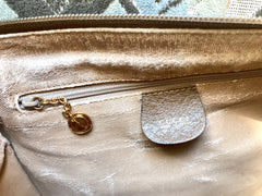 Vintage Gucci beige brown GG monogram jacquard and leather combo speedy design handbag with golden logo charm. Unisex use.