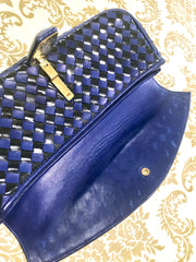 Vintage Bally black and blue enamel intrecciato design leather clutch purse, mini bag. Unique purse with golden B logo charm.