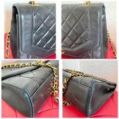Vintage Chanel black lambskin chain 2.55 shoulder bag with gold chain. Unique hexagon shaped flap. 0407012
