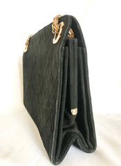 70's, 80's Vintage CHANEL genuine black suede leather kiss lock closure shoulder bag with gold tone CC marks and skinny chains. Rare purse.
