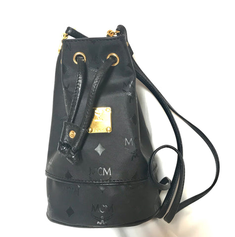 MINT. Vintage MCM black monogram small hobo bucket shoulder bag. So chic and cute. Classic vintage mini bucket purse.
