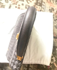 Vintage Bally taupe gray intrecciato leather handbag with gold tone closure in classic kelly style. Golden B logo. Masterpiece