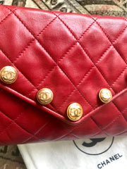 Vintage CHANEL red lamb leather shoulder bag with golden CC button motifs at flap. Rare purse. 070610re1