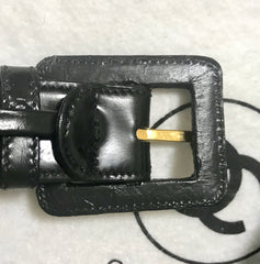 Vintage CHANEL black patent enamel leather waist purse, fanny pack with matching belt. Belt size 27.2” through 34.6”.(69cm through 88cm)
