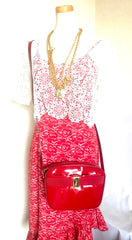 Vintage Salvatore Ferragamo vara collection patent enamel lipstick red shoulder bag with gold tone bow charm. Classic purse. 050407r3