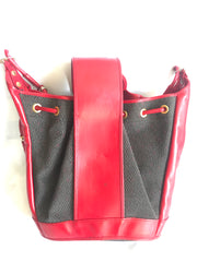 Vintage Yves Saint Laurent red and grey hobo bucket shoulder bag with leather trimmings and golden logo plate. YSL classic purse. 050323re6