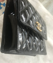 Vintage CHANEL 2.55 black patent enamel fanny pack, belt bag with golden CC motif. Belt size 26" through 30”.