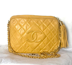 Ves Vintage Chanel yellow lambskin camera bag style chain shoulder bag with fringe and CC stitch mark. Good daily purse. Good fortune color.