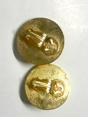 Vintage HERMES golden round earrings with white silk fabric frames. Classic jewel piece. 060616r2