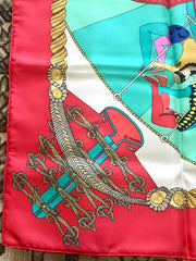 Vintage HERMES Carre large silk scarf with red and blue tone print, Clowns, Leopard, Tiger, Lion and multicolor balls. Best foulard. Circus