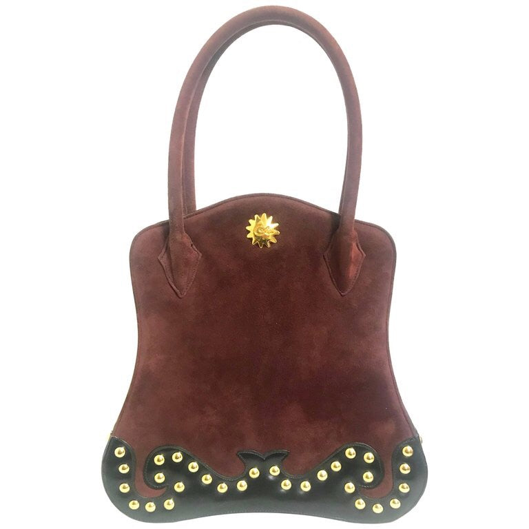 Vintage Christian Lacroix genuine wine brown suede leather sexy feminine shape bag with golden logo motif and studs. Hot purse. 0602062