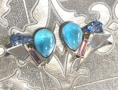 Vintage Christian Lacroix silver and blue earrings. Blue and pink crystal stones. Rare statement jewelry. Great gift. 0506302
