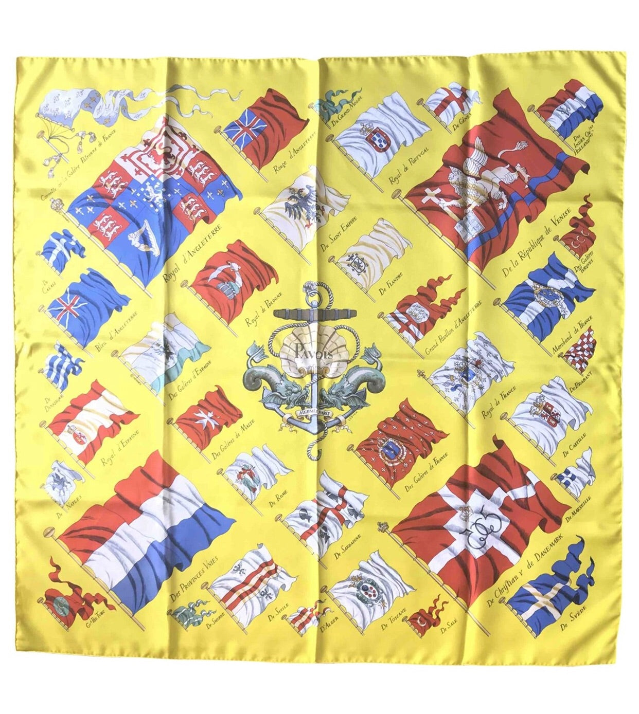 Vintage HERMES Carre large yellow silk scarf with red, blue, and white flag print. Best foulard. PAVOIS.