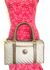 Vintage Gucci beige brown GG monogram jacquard and leather combo speedy design handbag with golden logo charm. Unisex use.