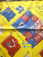 Vintage HERMES Carre large yellow silk scarf with red, blue, and white flag print. Best foulard. PAVOIS.