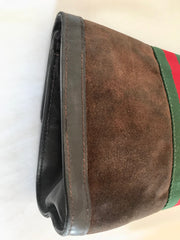 80's Vintage Gucci brown suede leather classic makeup, cosmetic, toiletry pouch, clutch purse with green and red webbing. Gucci Parfums.