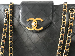 Vintage CHANEL black classic supermodel shoulder bag with golden CC. Jumbo, large shoulder purse from old era. Must have daily use Chanel.