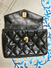 Vintage CHANEL black lambskin hip bag, fanny pack with logo bar golden chain belt. Belt legnth max 33", 84cm.