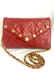 Vintage CHANEL red lamb leather shoulder bag with golden CC button motifs at flap. Rare purse. 070610re1