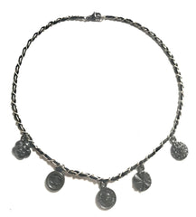 MINT. Vintage CHANEL skinny silver chain necklace with symbolic coin charms and black leather. Can be bracelet too. 060531r1