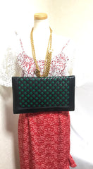 W9. Vintage Bottega Veneta intrecciato navy and green woven lamb leather large clutch bag, purse. Unisex. 050926